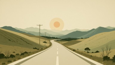 A serene landscape painting depicts a winding road leading toward a setting sun, framed by rolling