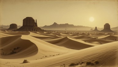 A vast desert landscape features towering rock formations, rolling sand dunes, and a warm, golden