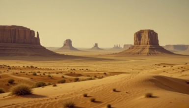 A stunning desert landscape with iconic buttes under a warm, clear sky, featuring the classic