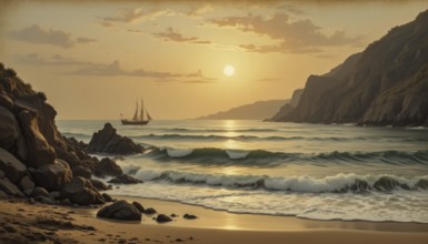 A serene sunset over a coastal scene with a sailboat, mountains, and waves. The warm colors create