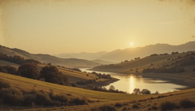 A serene landscape captures a golden sunset over rolling hills and a tranquil lake, evoking peace