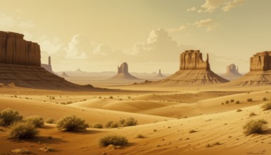 A stunning vista of the American Southwest. The image features towering sandstone buttes under a