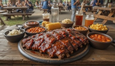 A delicious barbecue feast featuring grilled ribs, baked beans, corn, and beer, perfect for a