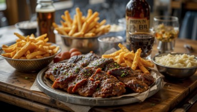 A delectable spread features ribs, fries, and drinks, inviting viewers to savor the flavors of a