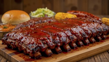 A mouthwatering shot of barbecue ribs glistening with sauce, alongside cornbread, coleslaw, and