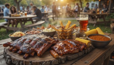 A mouthwatering barbecue spread is laid out on a wooden table, inviting diners to enjoy a festive