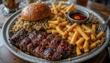 A close-up shot of a delicious meal on a plate, featuring grilled meat, fries, mac and cheese, and