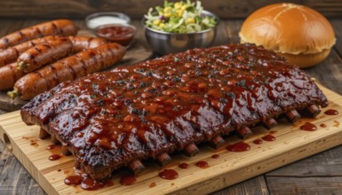 A delicious barbecue feast featuring a rack of ribs glazed with sauce, sausages, salad, condiments,