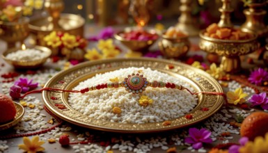 A vibrant Raksha Bandhan still life featuring a decorated plate, sweets, and flowers, celebrating