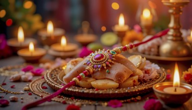 A beautiful Raksha Bandhan arrangement featuring a decorated plate, a rakhi, candles, and festive