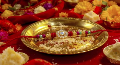 A close-up shot of a decorative rakhi placed on a golden plate with traditional Indian sweets and