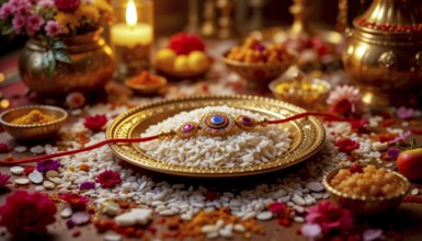A beautifully decorated Raksha Bandhan setting with a decorated plate, rice, flowers, candles, and
