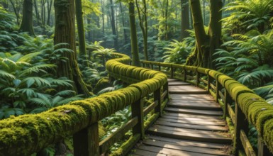 A winding wooden walkway, covered in moss, meanders through a lush, vibrant green forest, creating