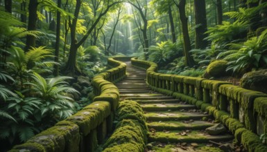 A winding moss-covered stone staircase meanders through a lush, verdant forest, bathed in soft