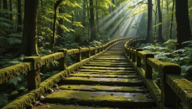 A tranquil forest scene featuring a moss-covered bridge bathed in sunlight, creating a serene and