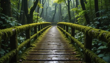 A wooden bridge covered in moss leads into a lush, vibrant green forest on a foggy day. The