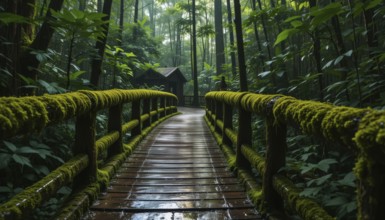 A picturesque wooden bridge winds through a lush, vibrant green forest, leading towards a charming