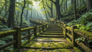 A wooden staircase winds through a lush, green forest, illuminated by sunlight. Moss covers the