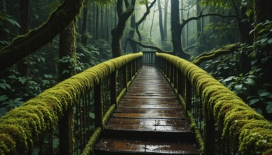A wooden bridge covered in moss leads into a misty forest, creating a tranquil and inviting scene,