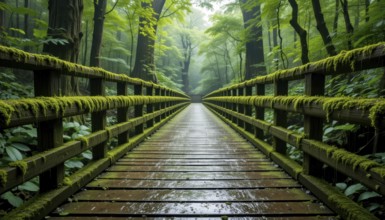 A serene, wooden bridge in a lush, green forest, with moss-covered railings and a misty atmosphere,