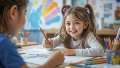 A young girl smiles while painting in art class with a friend. They are using pencils and paint, AI