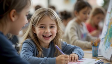 A cheerful young girl smiles broadly while drawing with a pencil in a classroom setting, surrounded