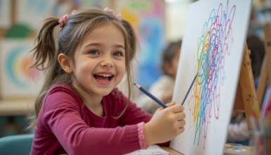A happy young girl smiles while painting with colorful pencils at an easel in a classroom setting,