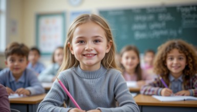 A young girl smiles brightly in a classroom, surrounded by classmates, embodying the joy of
