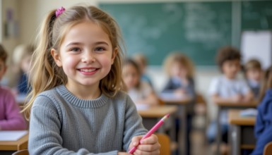 A smiling girl in a classroom holds a pencil, surrounded by classmates. The scene captures a moment