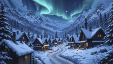 A stunning winter landscape features a village nestled in a snowy valley under the vibrant dance of