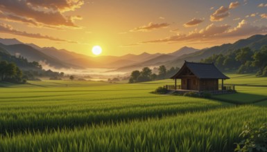 A serene sunrise bathes a Japanese farmhouse in golden light, overlooking lush rice fields and