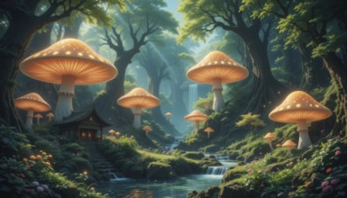 A whimsical forest scene features glowing mushroom houses, a flowing river, and lush greenery,
