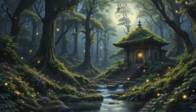 A serene forest scene featuring a mystical building with steps leading up to it, and a stream