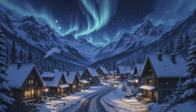 A picturesque village nestled beneath the aurora borealis, with snow-covered houses and a winding