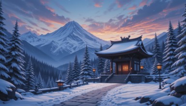 A serene winter scene with a Japanese temple nestled amidst snow-covered trees and majestic