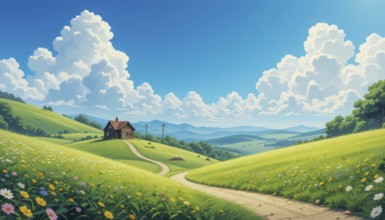 Scenic illustration of a dreamy landscape with a house, winding path, green fields, and fluffy