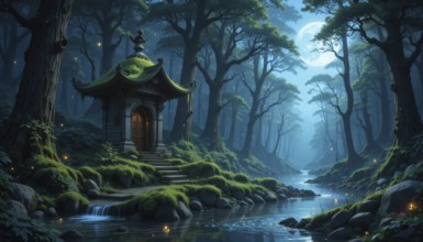 A serene forest scene with a pagoda by a tranquil river under the soft glow of a full moon, AI