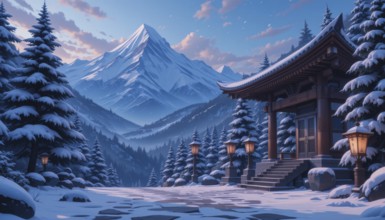 A serene winter landscape features a snow-covered pagoda nestled amidst snow-laden fir trees, with