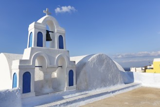 Bell tower, orthodox church, white and blue, Oia, Thira, Santorini, Cyclades, Greece