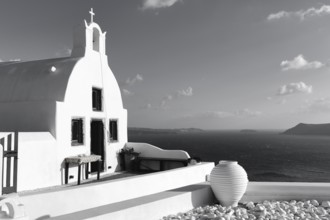 White architecture, orthodox church by the sea, monochrome, Oia, Santorini, Cyclades, Aegean Sea,