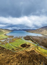 View from Eas a' Bhradain Waterfall from drone, Red Cuillin mountains, Loch Ainort, Isle of Skye,
