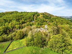 Holy Trinity Church from a drone, Bog Lane, Brathay village, Lake District, Cumbria, England,