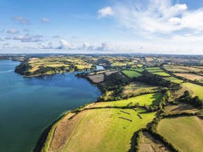 Farms and Fields over St Mawes from drone, Carrick Roads, River Fal, Falmouth, Cornwall, UKDefault