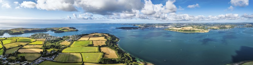 Panorama of Farms and Fields over St Mawes from drone, Carrick Roads, River Fal, Falmouth,