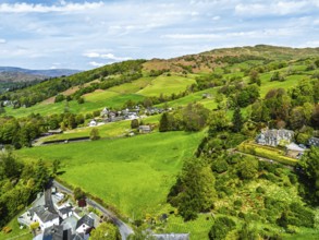 Farms and Fields from a drone, Townend house, Troutbeck, Windermere, Lake District, Cumbria, UK