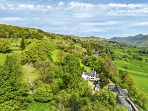 Farms and Fields from a drone, Townend house, Troutbeck, Windermere, Lake District, Cumbria, UK