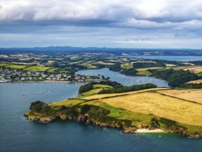St Anthony Lighthouse from drone, Roseland peninsula, Head circular walk, Cornwall, UK