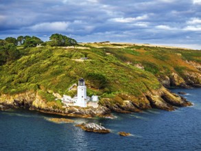 St Anthony Lighthouse from drone, Roseland peninsula, Head circular walk, Cornwall, UK