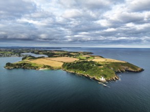 St Anthony Lighthouse from drone, Roseland peninsula, Head circular walk, Cornwall, UK