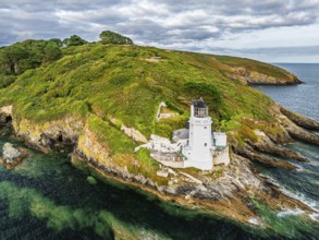 St Anthony Lighthouse from drone, Roseland peninsula, Head circular walk, Cornwall, UK
